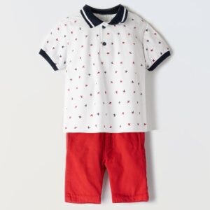 Σετ βρεφικό αγορίστικο σορτσάκι κόκκινο τζιν με τιράντες 2τμχ 2615 Hashtag